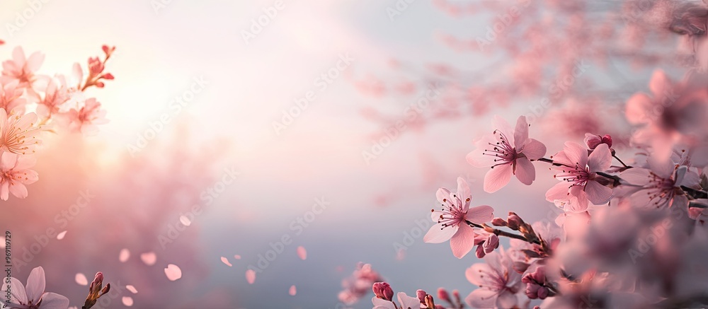 Poster Stunning cherry blossoms in spring. with copy space image. Place for adding text or design
