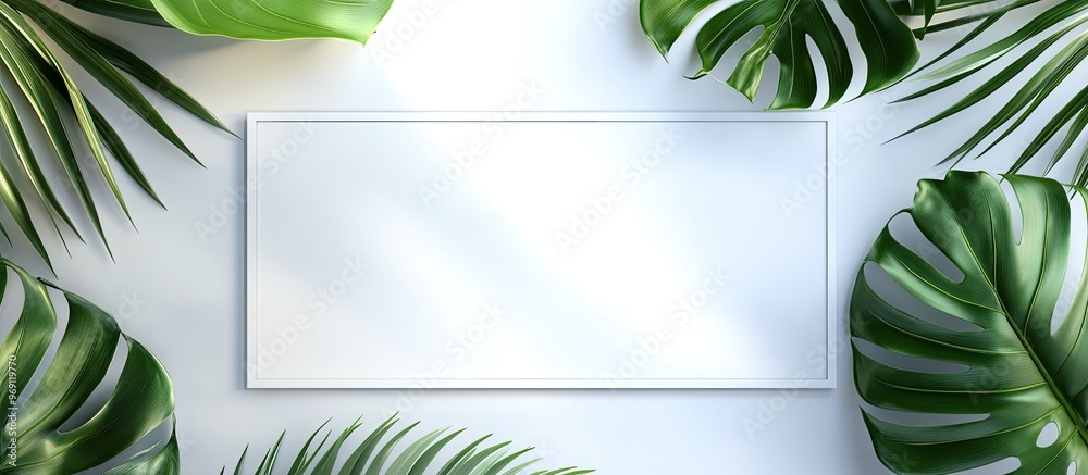 Aufkleber Tropical monstera palm leaf shadow featuring a blank white card frame. with copy space image. Place for adding text or design