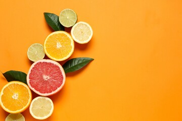 Tropical fruits on color background. Summer concept. Flat lay, top view, copy space