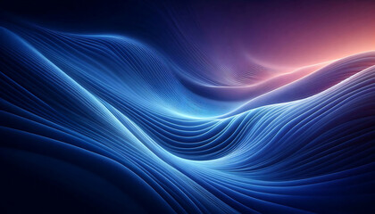 A smooth flowing abstract background featuring gradients of deep blues and purples with soft curves and light reflections creating a serene and ethereal ambiance