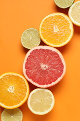 Tropical fruits on color background. Summer concept. Flat lay, top view, copy space