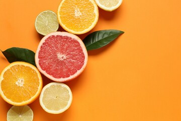 Tropical fruits on color background. Summer concept. Flat lay, top view, copy space