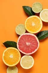 Tropical fruits on color background. Summer concept. Flat lay, top view, copy space