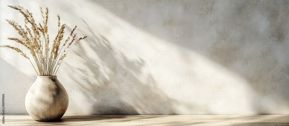 Poster interior decoration featuring dried triticale leaves and a ceramic vase. with copy space image. plac