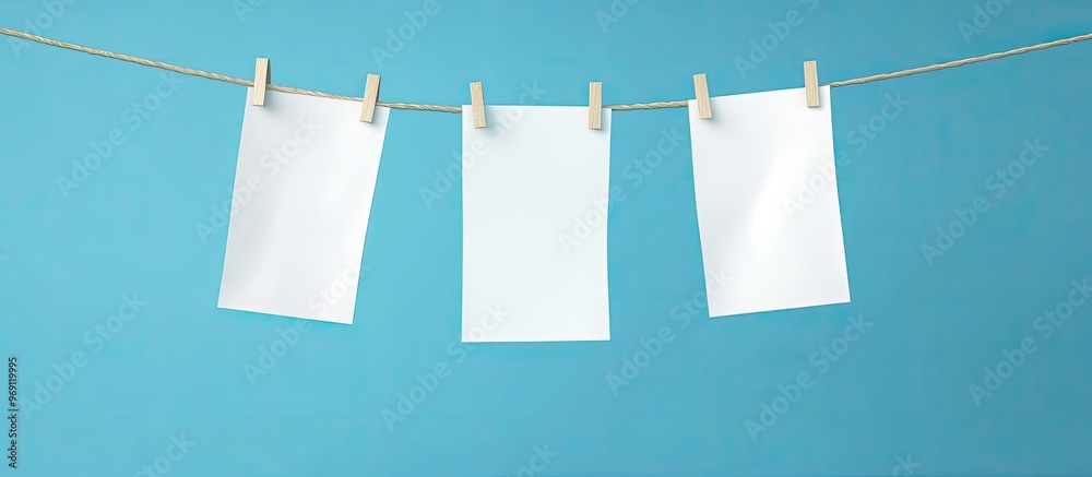 Fototapete Empty sheets of paper hanging on a clothesline against a blue background. with copy space image. Place for adding text or design