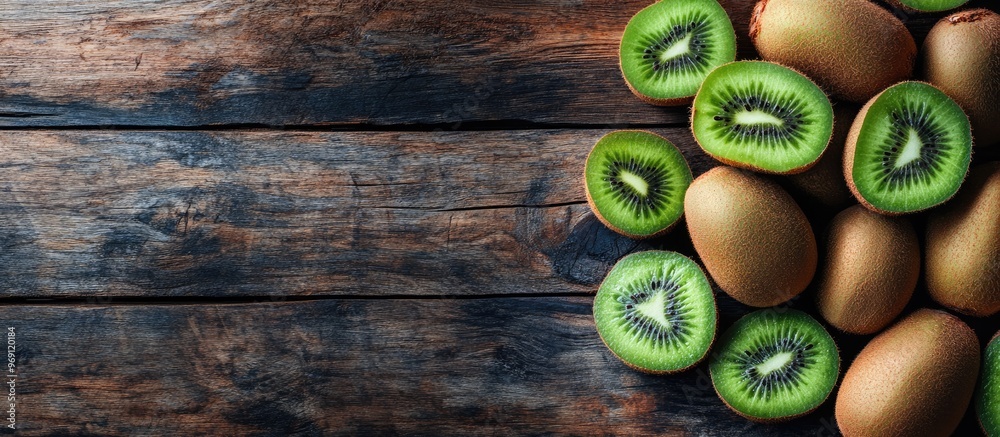 Poster a pile of whole and sliced fresh kiwis on a wooden table viewed from above room for text. with copy 