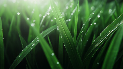 Obraz premium A detailed image of lush rice plants with droplets of water on their leaves, softly illuminated to symbolize the prevention of bacterial and viral diseases in agriculture.