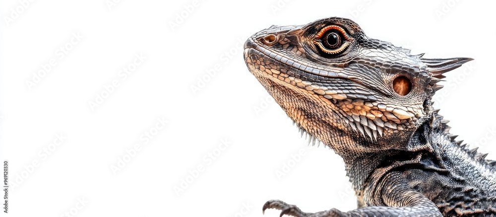 Poster frilled dragon against a white background. with copy space image. place for adding text or design