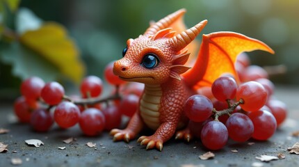 Fototapeta premium Figurine of a Dragon with Horns in Front of Grapes