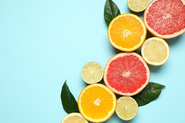 Tropical fruits on color background. Summer concept. Flat lay, top view, copy space