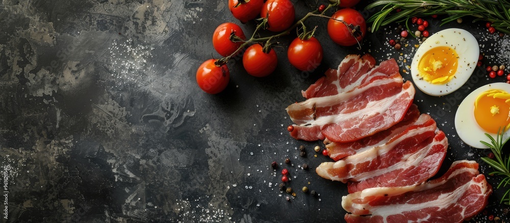 Poster Raw sliced beef bacon prepared for cooking on a dark black concrete surface Breakfast ingredients include raw bacon cherry tomatoes eggs and rosemary Top view from above with copy space