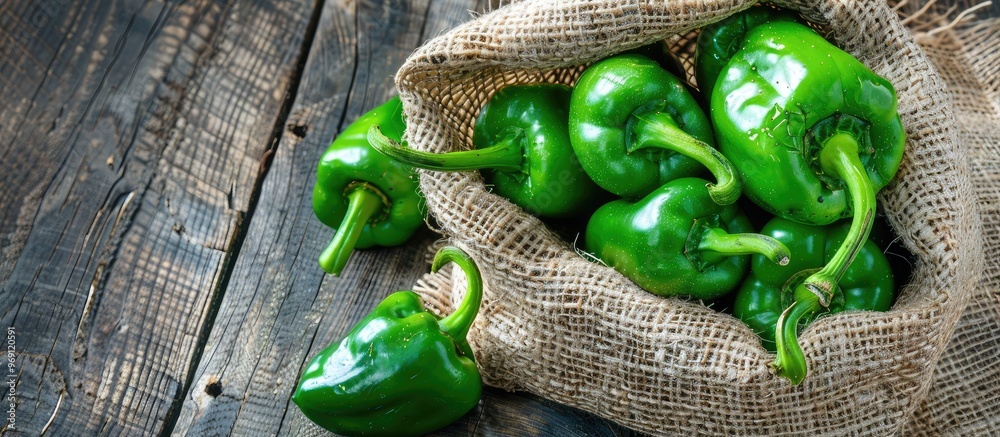 Aufkleber a handful of green hot peppers in a pouch viewed from above on a light stone surface and cutting boa