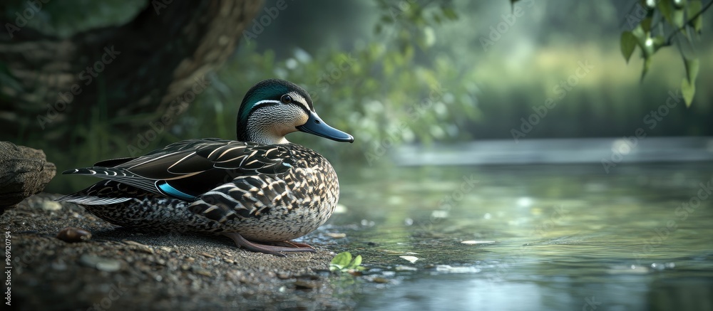 Poster A spot billed duck is resting at the shore. with copy space image. Place for adding text or design