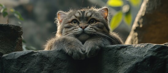 Obraz premium Manul cat at the zoo. with copy space image. Place for adding text or design