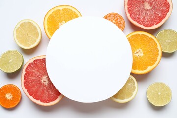 Tropical fruits on white background. Summer concept. Flat lay, top view, copy space