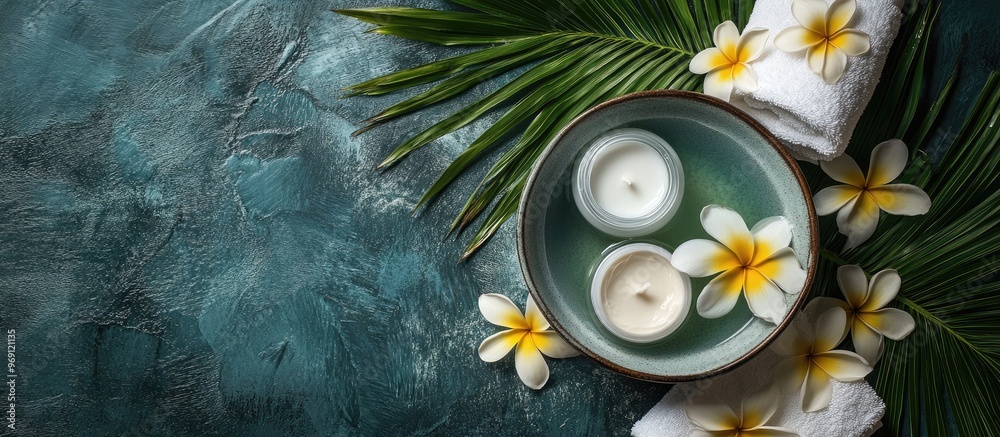 Poster spa or wellness environment featuring tropical flowers a bowl of water a towel and a tube of cream t