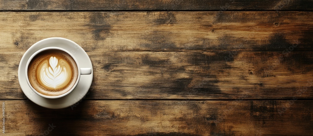 Poster top view of freshly brewed coffee featuring beautiful latte art on a wooden table in a cafe with cop