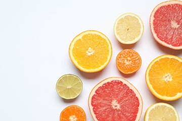 Tropical fruits on white background. Summer concept. Flat lay, top view, copy space