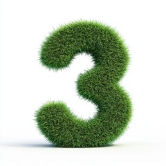 3D number 3 with grass texture realistic modern design, soft lighting, white background 