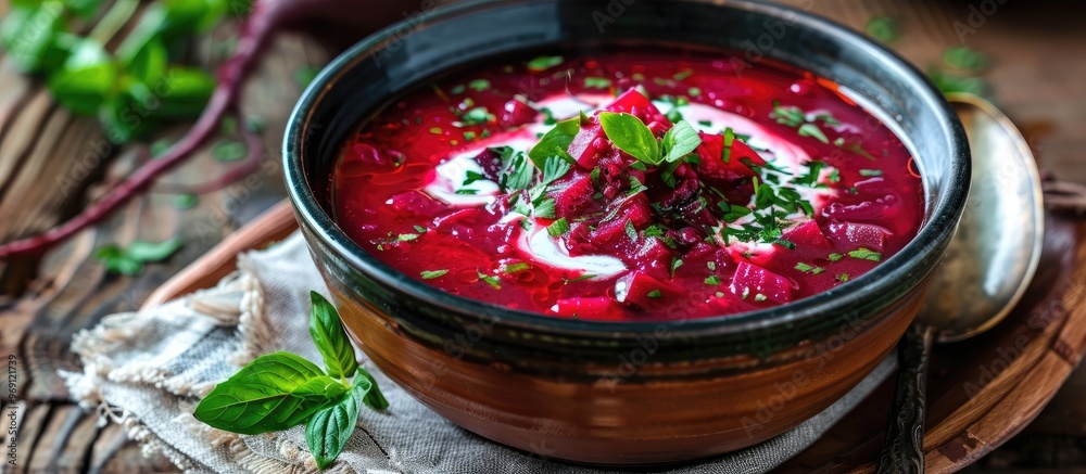 Poster Ukrainian beet soup borscht placed on a napkin atop a wooden surface. with copy space image. Place for adding text or design