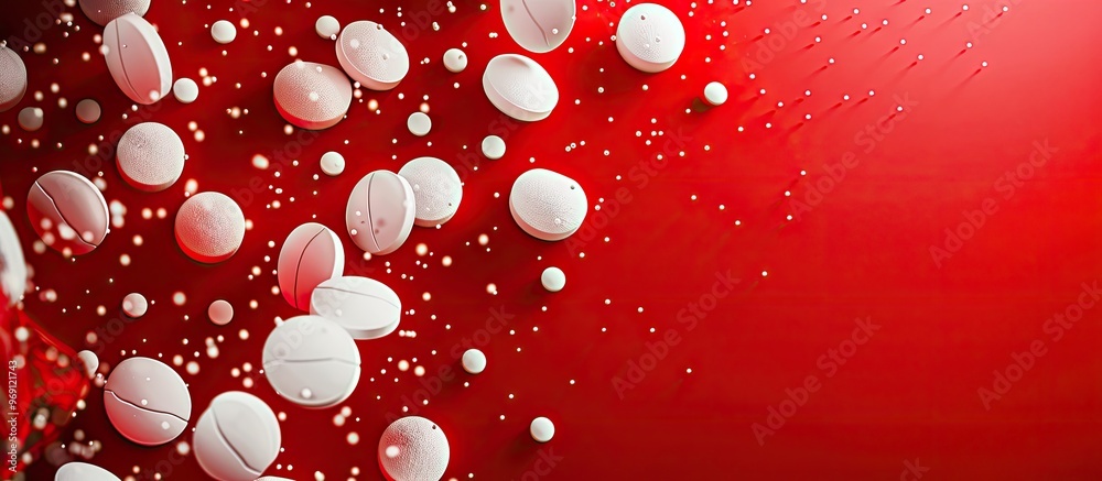 Poster several white tablets are arranged on a vibrant red background resembling a bacterium background ima