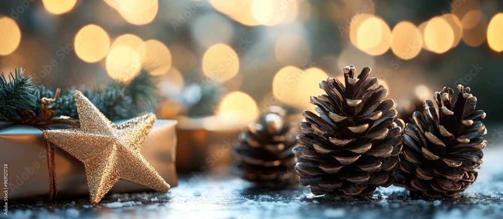 Fototapete christmas decor featuring pine cones and ornamental gifts with a golden star bokeh backdrop. with co