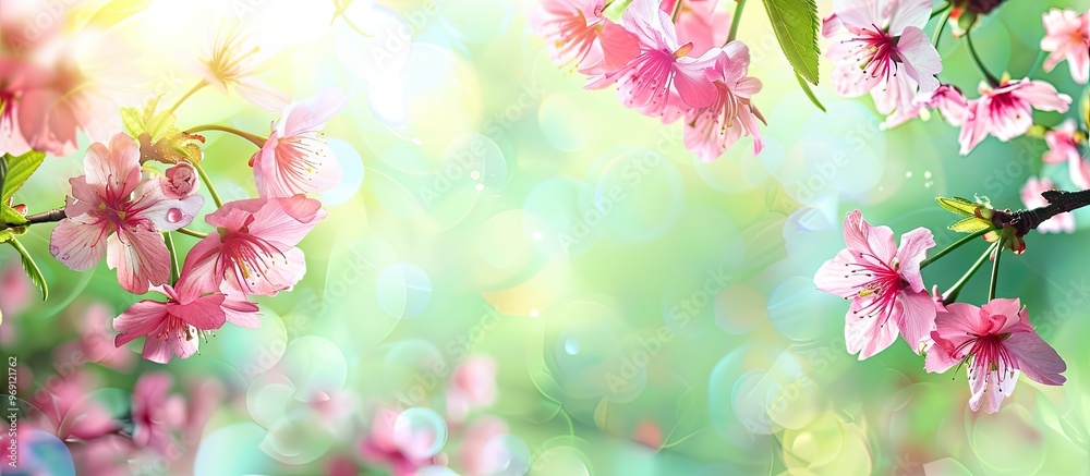 Poster beautiful natural setting featuring pink sakura flowers and stunning cherry blossom against a green 