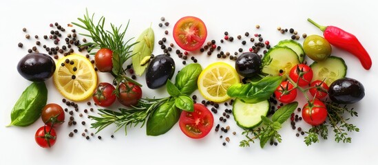 Border of an olive dish featuring vegetables herbs and spices on a white background. with copy space image. Place for adding text or design