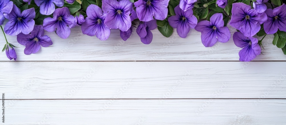 Aufkleber purple flowers on a white wooden surface. with copy space image. place for adding text or design