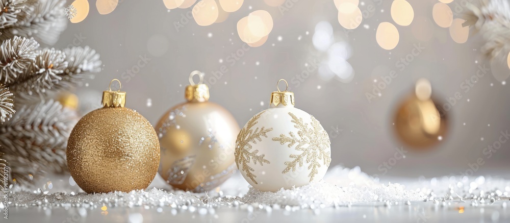 Aufkleber gold and white christmas ornaments on a white background merry christmas card winter holidays theme 