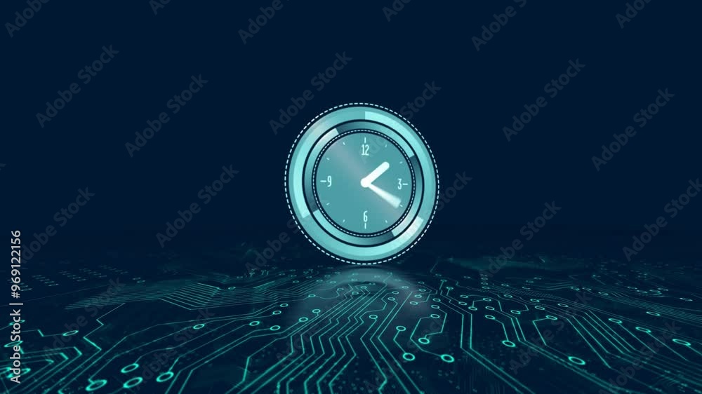 Poster animation of moving clock over computer circuit board on black background