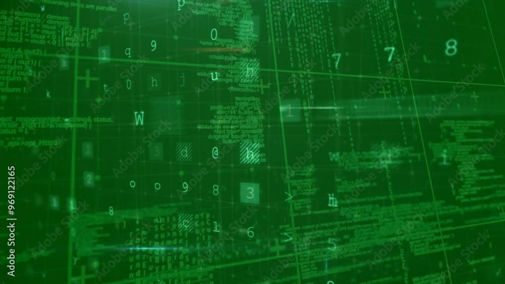 Poster animation of data processing with cyberattack warning on green background