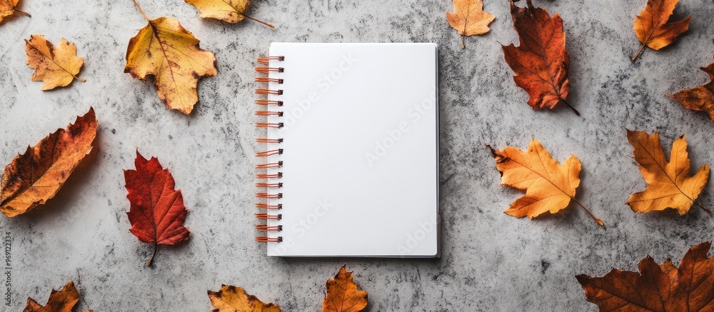 Aufkleber Frame made of autumn leaves notebook on a white concrete background Recipe and invitation concept Top view flat lay copyspace mockup layout design