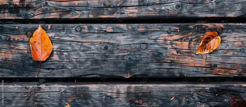 Poster autumn leaf on a black wooden background orange leaf on an aged weathered wood deck space for writing top view area for text. with copy space image. Place for adding text or design