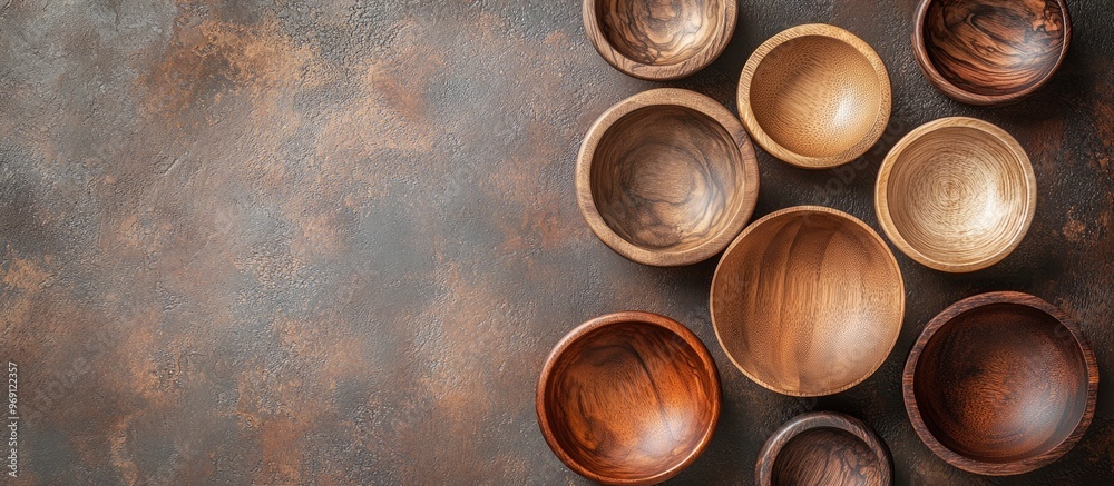 Fototapete a selection of empty wooden bowls on a brown textured background top view flat lay copy space