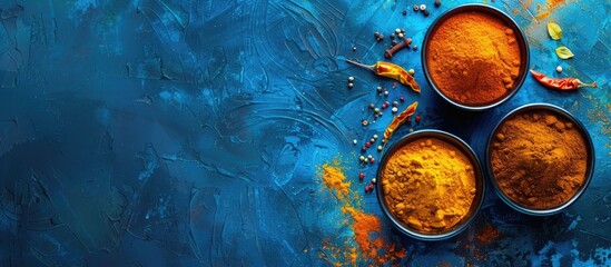 A selection of spices including chili powder oregano curry brown salt cinnamon and turmeric arranged in ceramic bowls against a blue textured backdrop Top view flat lay Copy space