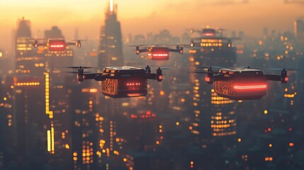 Fototapeta premium Autonomous personal drones delivering parcels in a smart city: Small drones dropping off packages to peopleâ€™s doorsteps.
