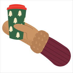 Coffee cups with christmas tree. A hand in mittens holds a cup of coffee. Cup with Christmas design. Hello Winter seasonal concept.