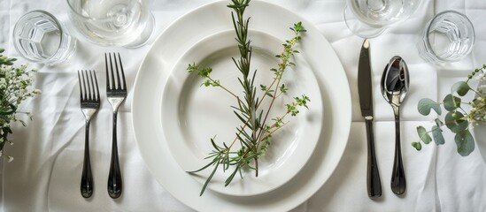 Image of empty plates with a decorative background for copyspace or food composition