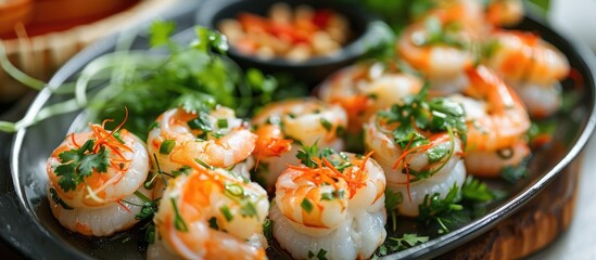 A view of a Vietnamese appetizer called rocket shrimp set in a restaurant or kitchen environment. with copy space image. Place for adding text or design