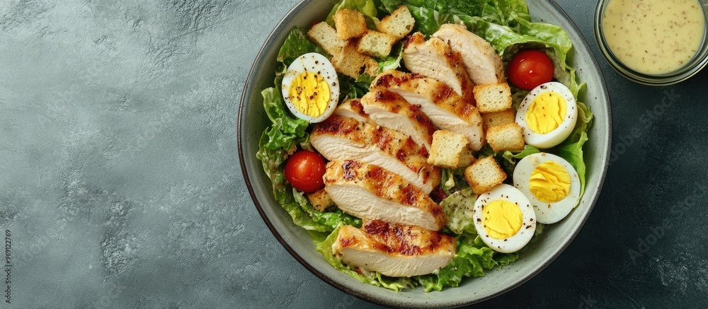Poster fresh caesar salad featuring lettuce chicken breast boiled eggs and croutons in a ceramic bowl with 