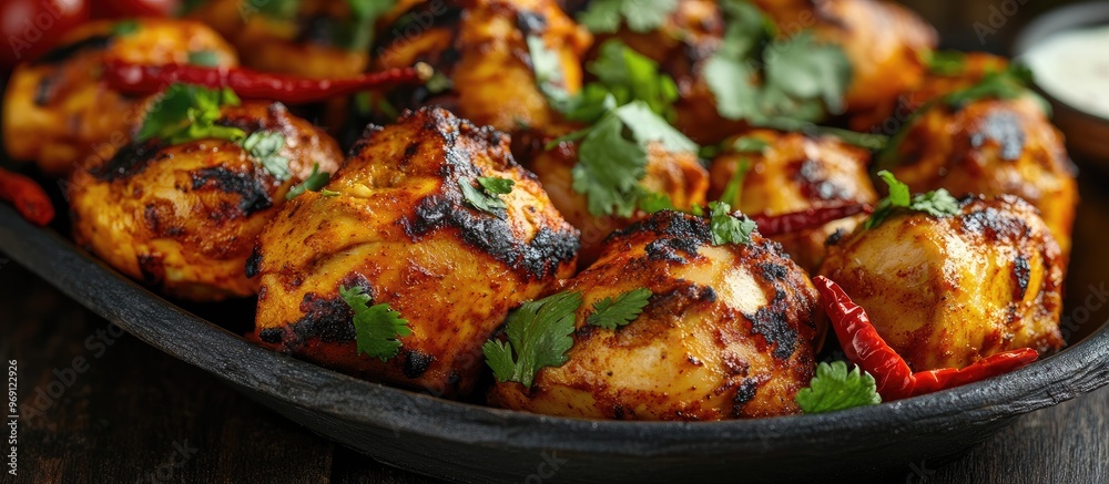 Poster Traditional Indian Chicken Tikka Masala presented in a close up view in a Korai. with copy space image. Place for adding text or design