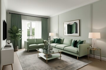 Fototapeta premium Elegant Scandinavian Entertainment Room Design with Light Green Sofa and Glass Coffee Table in Minimalist Style 3D Layout