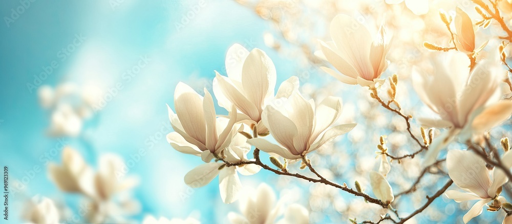 Aufkleber blossoming magnolia branches in soft focus macro against a bright blue sky providing copy space a fl