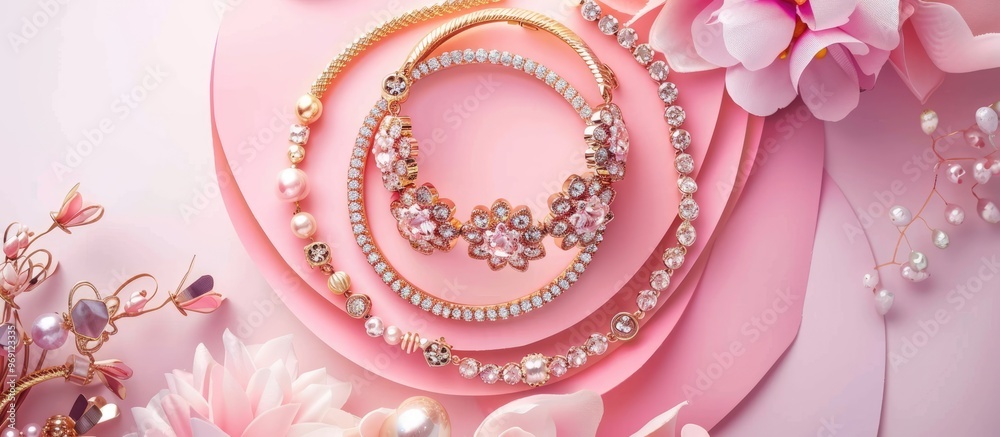 Poster Top view of golden bracelets on a pink and white paper backdrop. with copy space image. Place for adding text or design