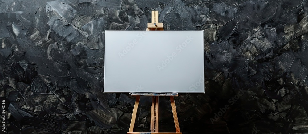 Poster white canvas on a wooden easel with copy space on a black background signage writing area and advert
