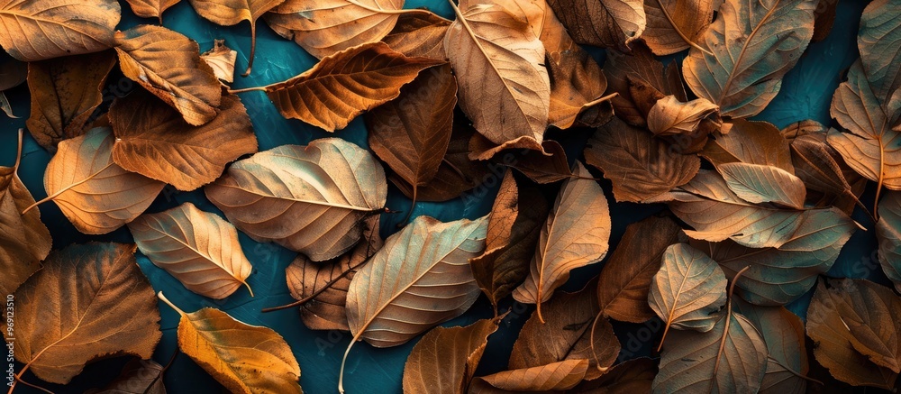 Poster Dry autumn leaves on a light blue background arranged in a flat lay Area for text. with copy space image. Place for adding text or design