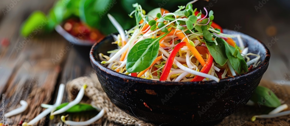 Poster A close up photo of a black bowl containing bean sprouts and a cloth set against an aged wooden background. with copy space image. Place for adding text or design