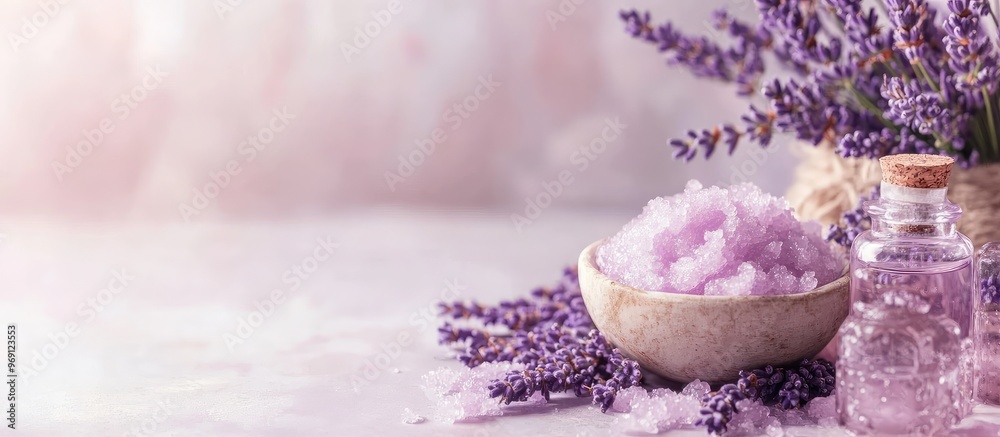 Poster handmade lavender scrub with coconut oil lavender tonic spa set toiletries. with copy space image. p