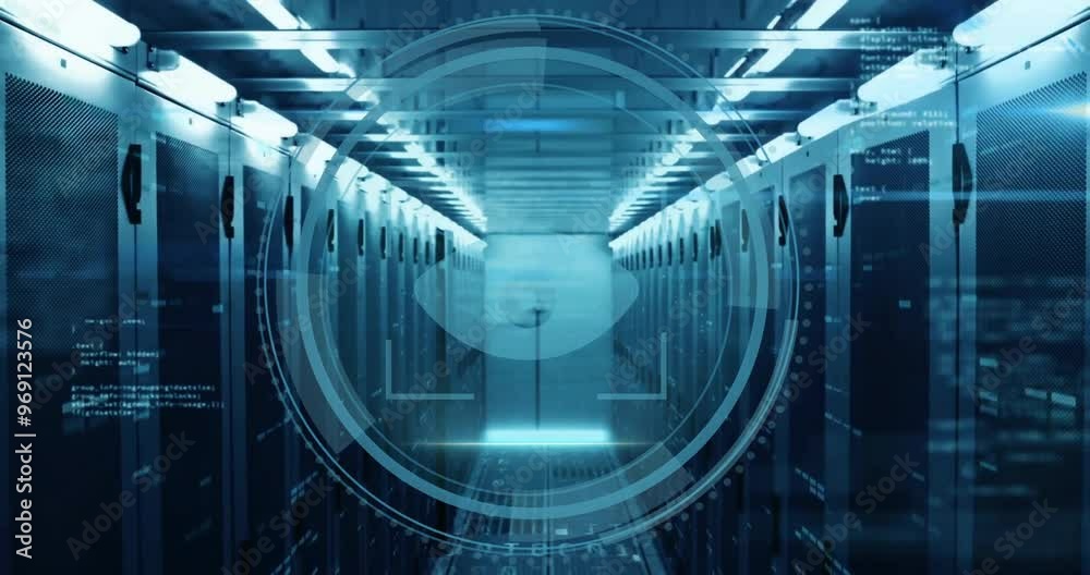 Poster animation of scope scanning with eye icon and data processing over server room